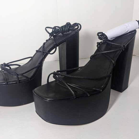 NEW-Size 11M Womens Gianni Bini Platform Block Heeled Sandals Leather Black - Picture 1 of 8
